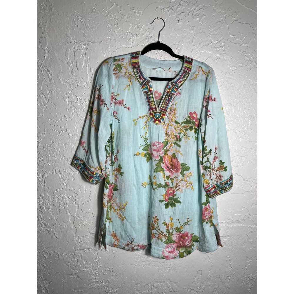 Soft Surroundings Blue Floral Embroidered Split Neck Tunic Top Womens Medium